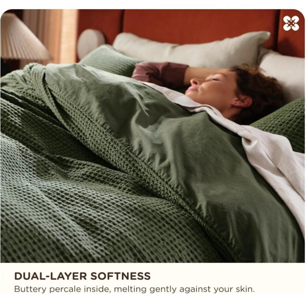Bedsure Cotton Waffle Duvet Cover Set Olive Green King 3pc NEW - Picture 5 of 6